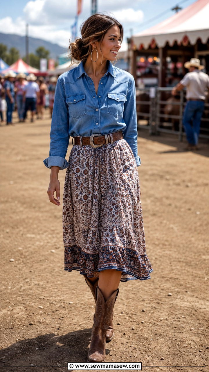 Chambray shirt and midi skirt rodeo outfit - 30 Rodeo outfit ideas