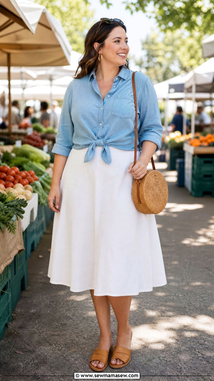 Chambray shirt and white A line skirt pear shape travel outfit - 25 Travel outfits for pear shape