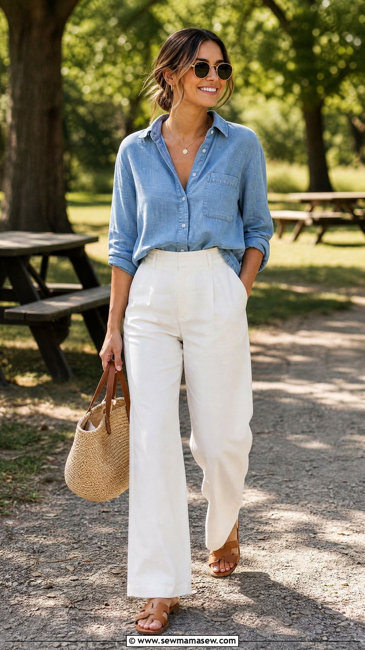 Chambray shirt and white pants park outfit - 25 Spring park outfits