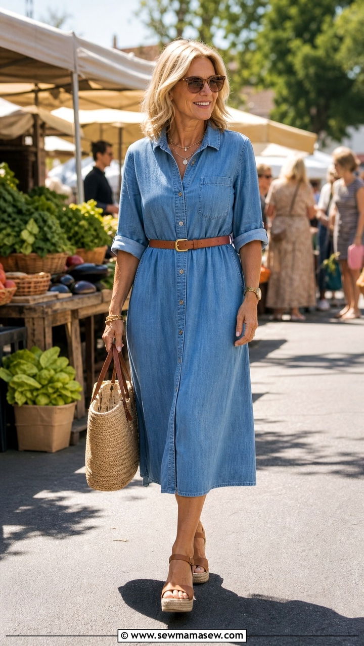 Chambray shirt dress with belt - 40 spring outfit ideas for women over 40