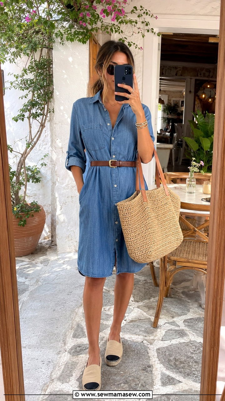 Chambray shirt dress with espadrilles outfit - 30 Hot day cool night outfit ideas
