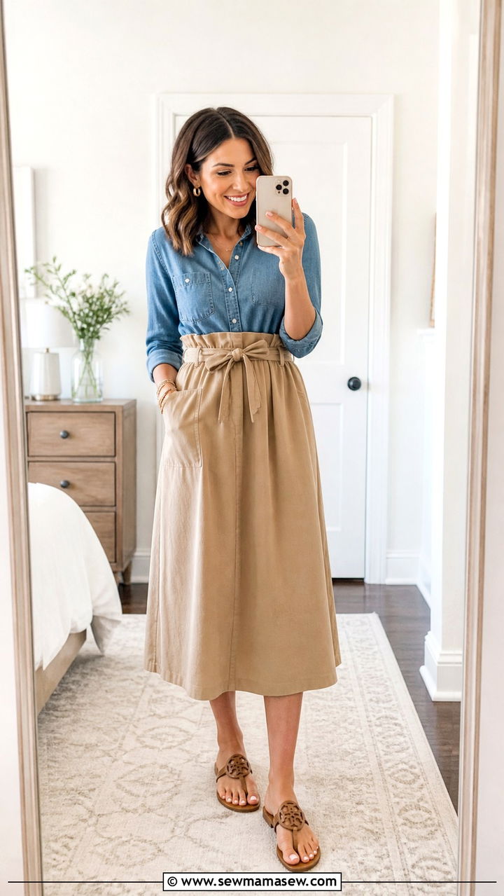 Chambray shirt tucked into a paperbag waist skirt - 40 What to wear in spring