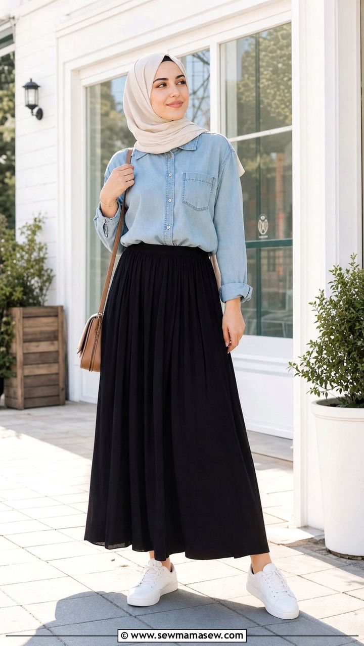 Chambray shirt with black maxi skirt and white sneakers - 25 classy outfits for hijab women