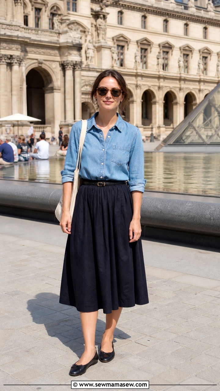 Chambray shirt with black skirt outfit - 40 Parisian chic outfit ideas