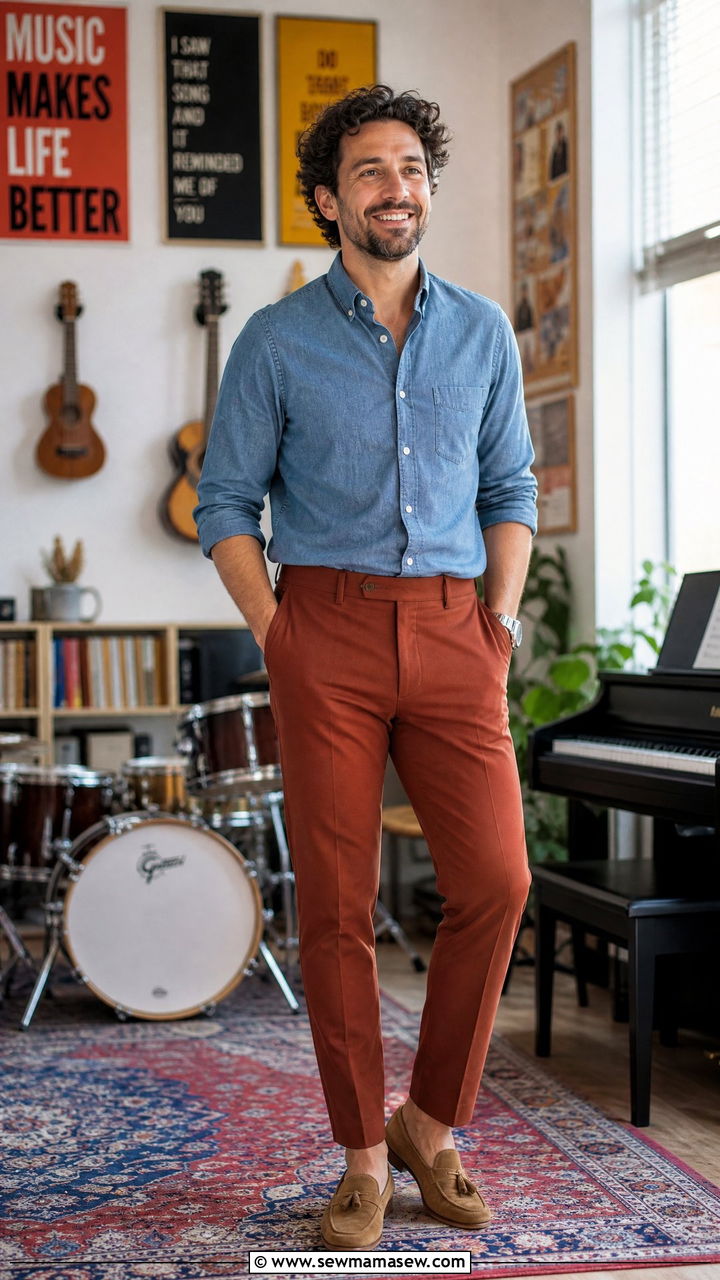 Chambray shirt with colored trousers - 30 Music teacher outfit ideas