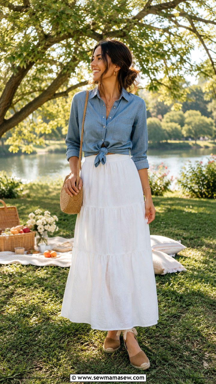 Chambray shirt with tiered maxi skirt - 30 Spring outfits with maxi skirts