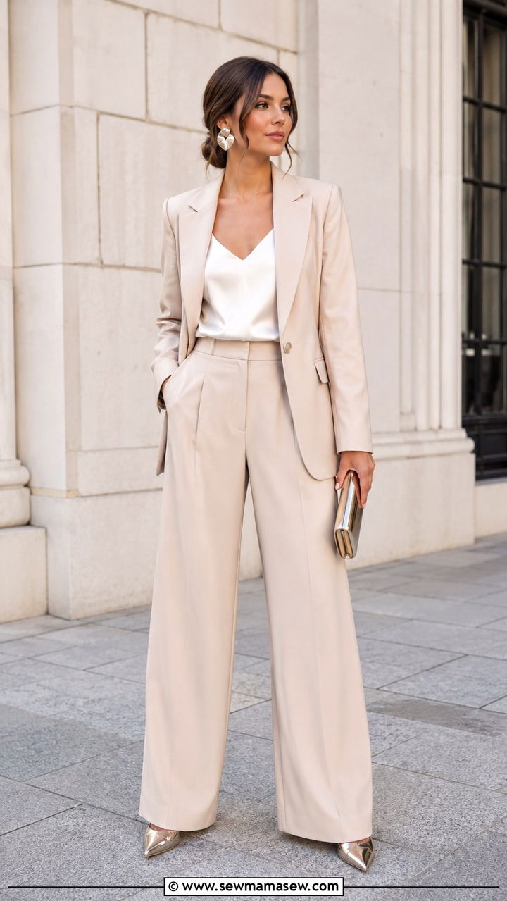 Champagne Blazer and Wide Leg Trouser Set with Camisole and Pointed Toe Heels - 25 Wedding guest outfit ideas champagne dress