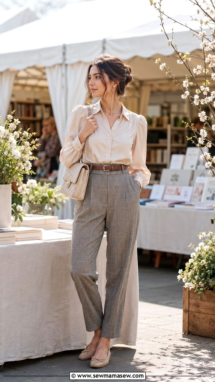 Champagne Blouse With High Waisted Plaid Trousers And Ballet Flats - 30 light academia outfits inspo