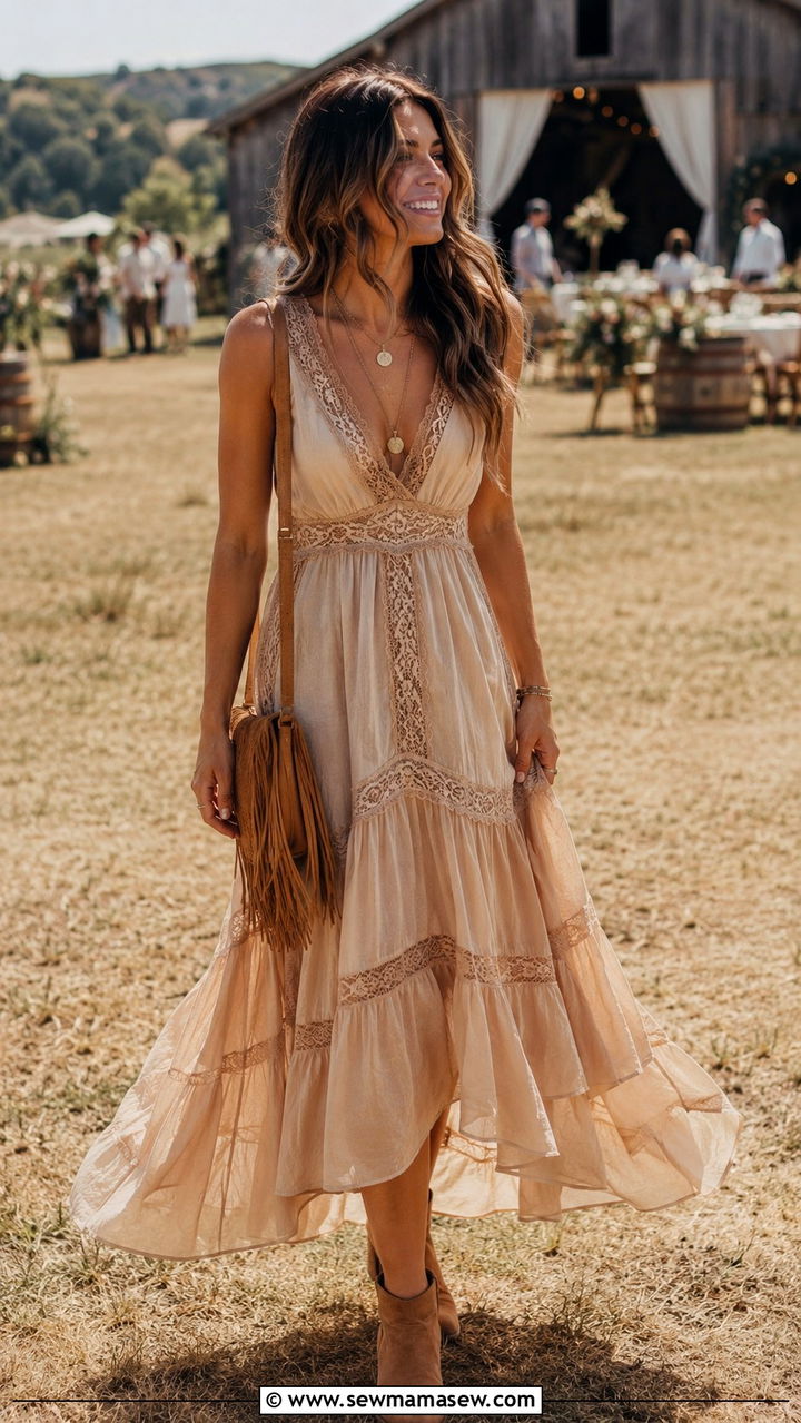 Champagne Boho Maxi Dress Wedding Guest Outfit - 20 Champagne wedding guest dress outfit ideas