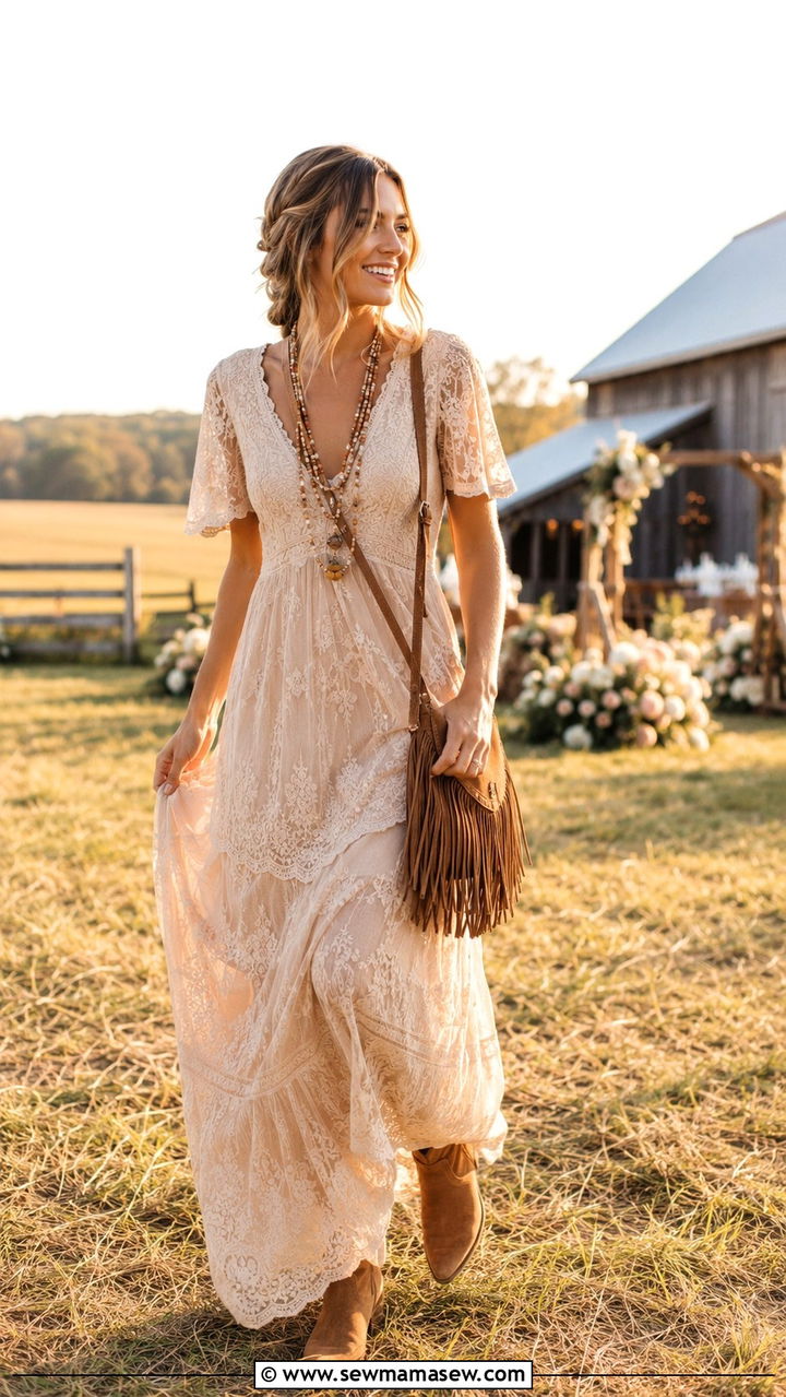 Champagne Boho Maxi Dress with Lace Details and Suede Ankle Boots - 25 Wedding guest outfit ideas champagne dress