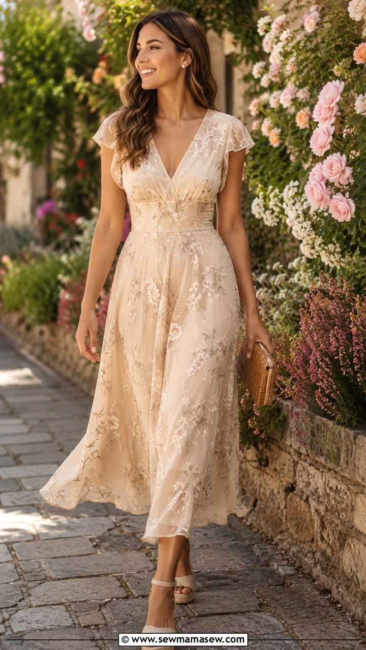 Champagne Chiffon A Line Midi Dress with Floral Embroidery and Espadrille Wedges - 25 Wedding guest outfit ideas champagne dress
