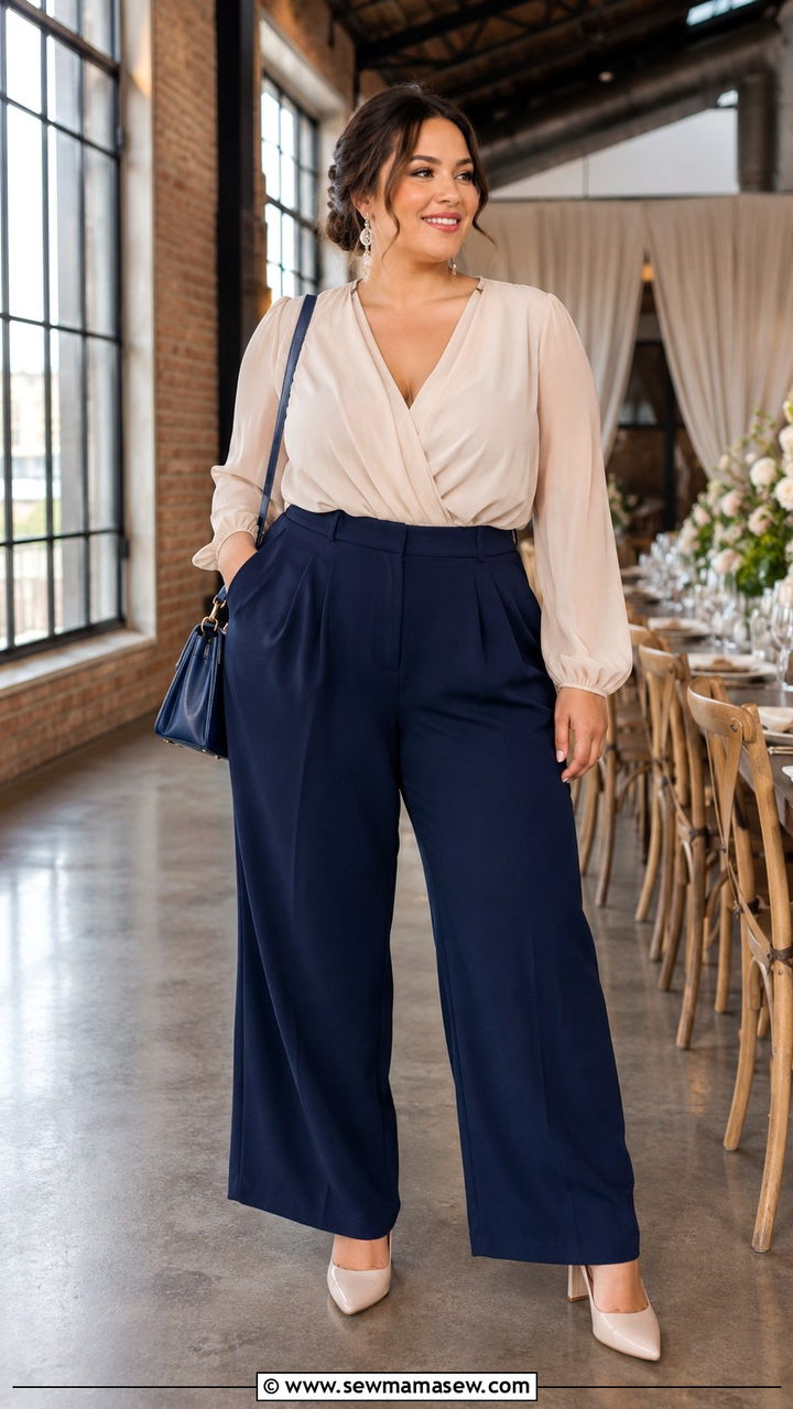 Champagne Chiffon Blouse with Navy Wide Leg Trousers - 30 Plus size wedding guest outfits spring