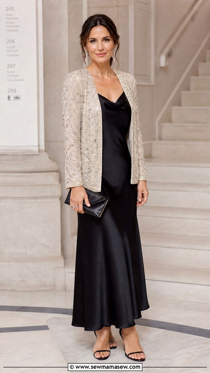 Champagne Embellished Jacket Over Black Slip Dress - 40 Gala outfit ideas