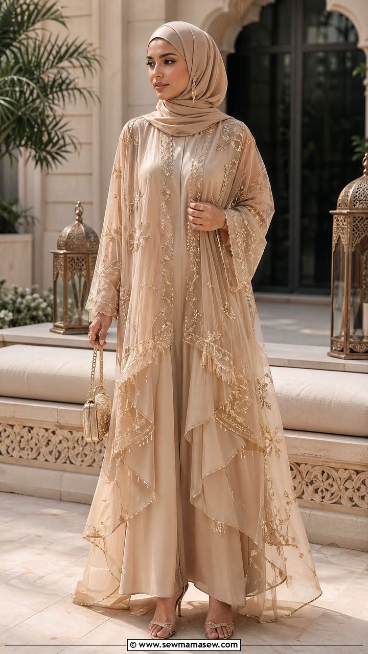 Champagne Gold Abaya with Sheer Kimono Overlay - 35 Eid outfit ideas for moms