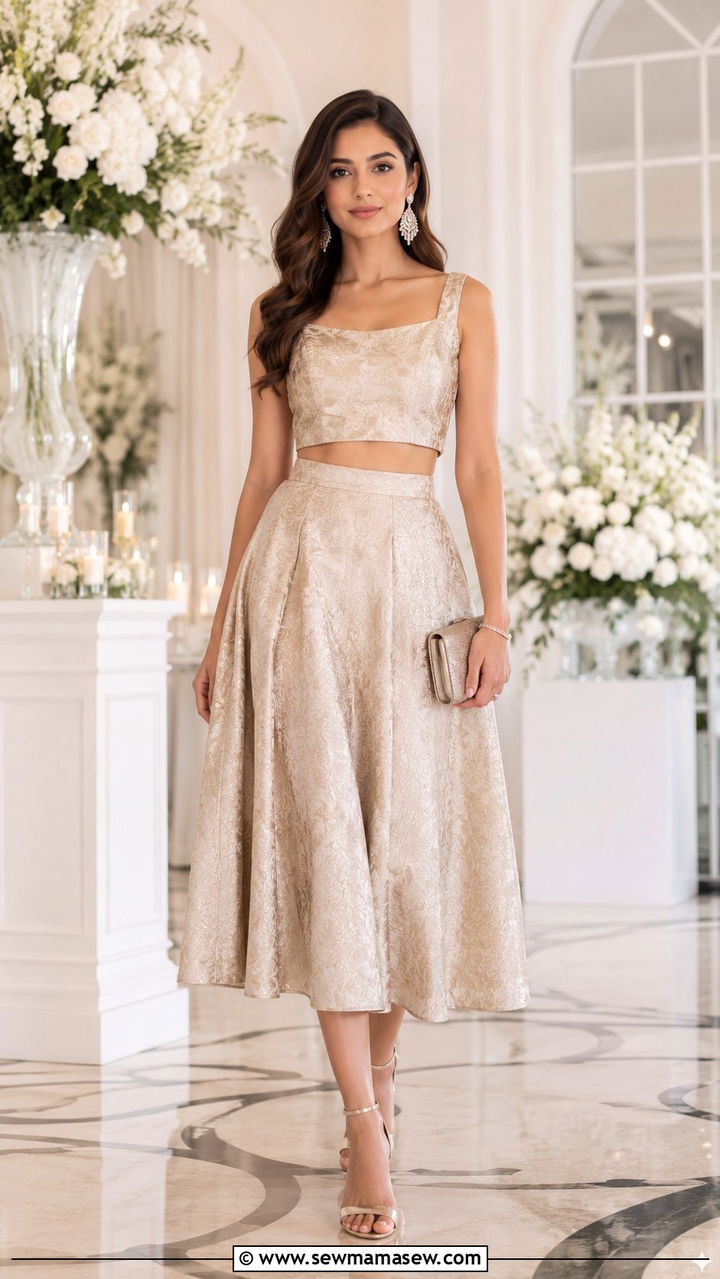 Champagne Jacquard Co Ord Set With Crystal Earrings - 25 Wedding guest outfit ideas size 12