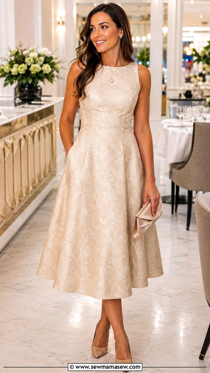 Champagne Jacquard Fit And Flare Dress Wedding Guest - 25 Wedding guest outfit ideas jacquard dress