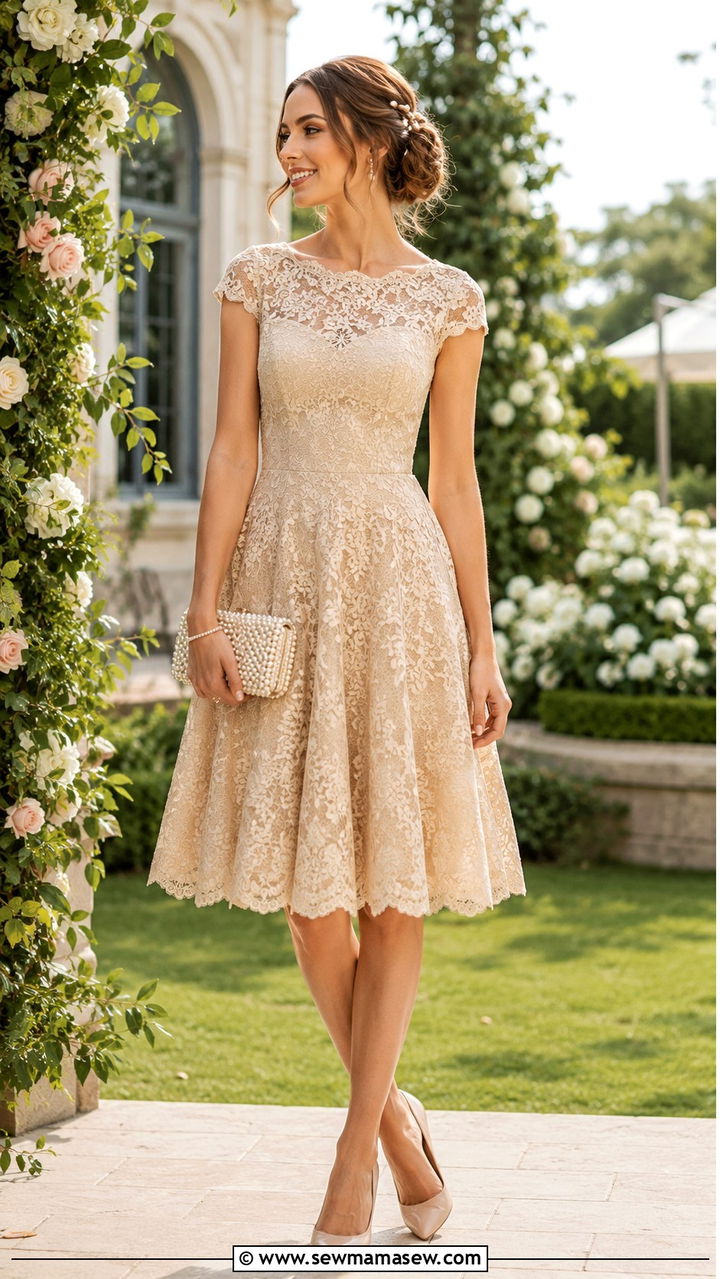 Champagne Lace Overlay Fit and Flare Dress with Nude Pumps and Pearl Hair Pins - 25 Wedding guest outfit ideas champagne dress
