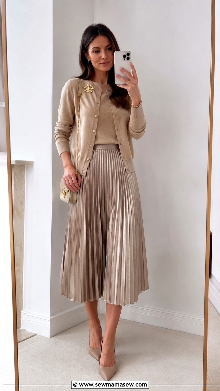 Champagne Metallic Pleated Midi Skirt With Cashmere Twin Set - 25 80s luxury outfit ideas 2026