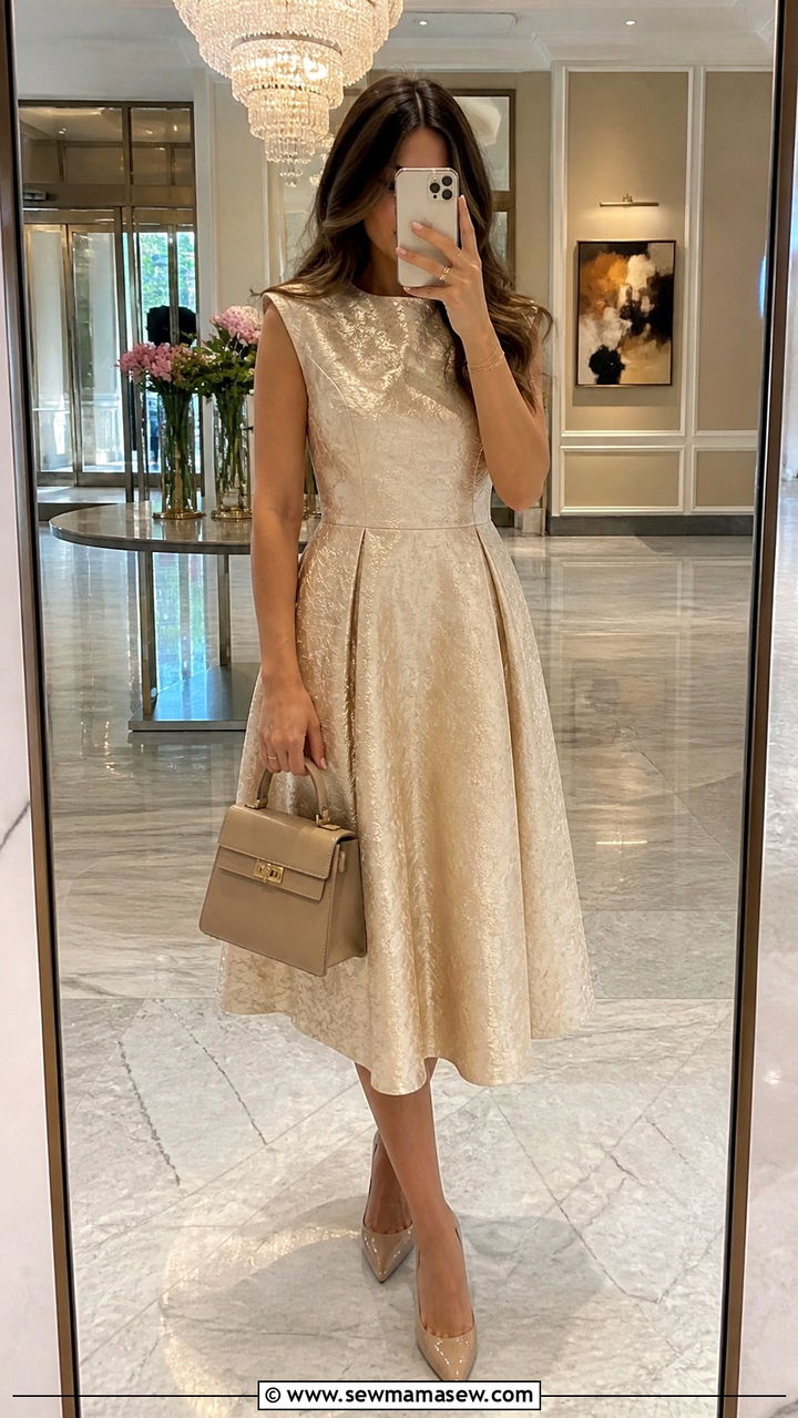 Champagne Midi Dress With Heels Wedding Guest Outfit - 20 Champagne wedding guest dress outfit ideas