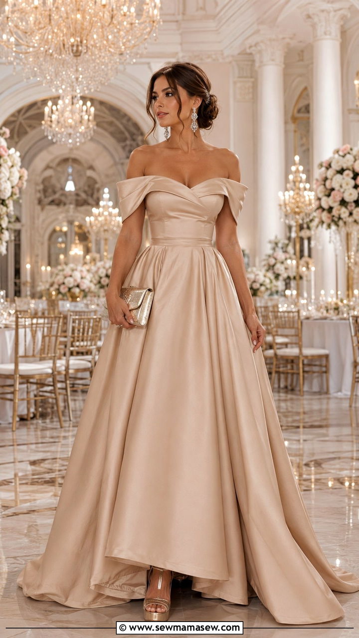 Champagne Off Shoulder Ballgown with Crystal Drop Earrings and Metallic Clutch - 25 Wedding guest outfit ideas champagne dress