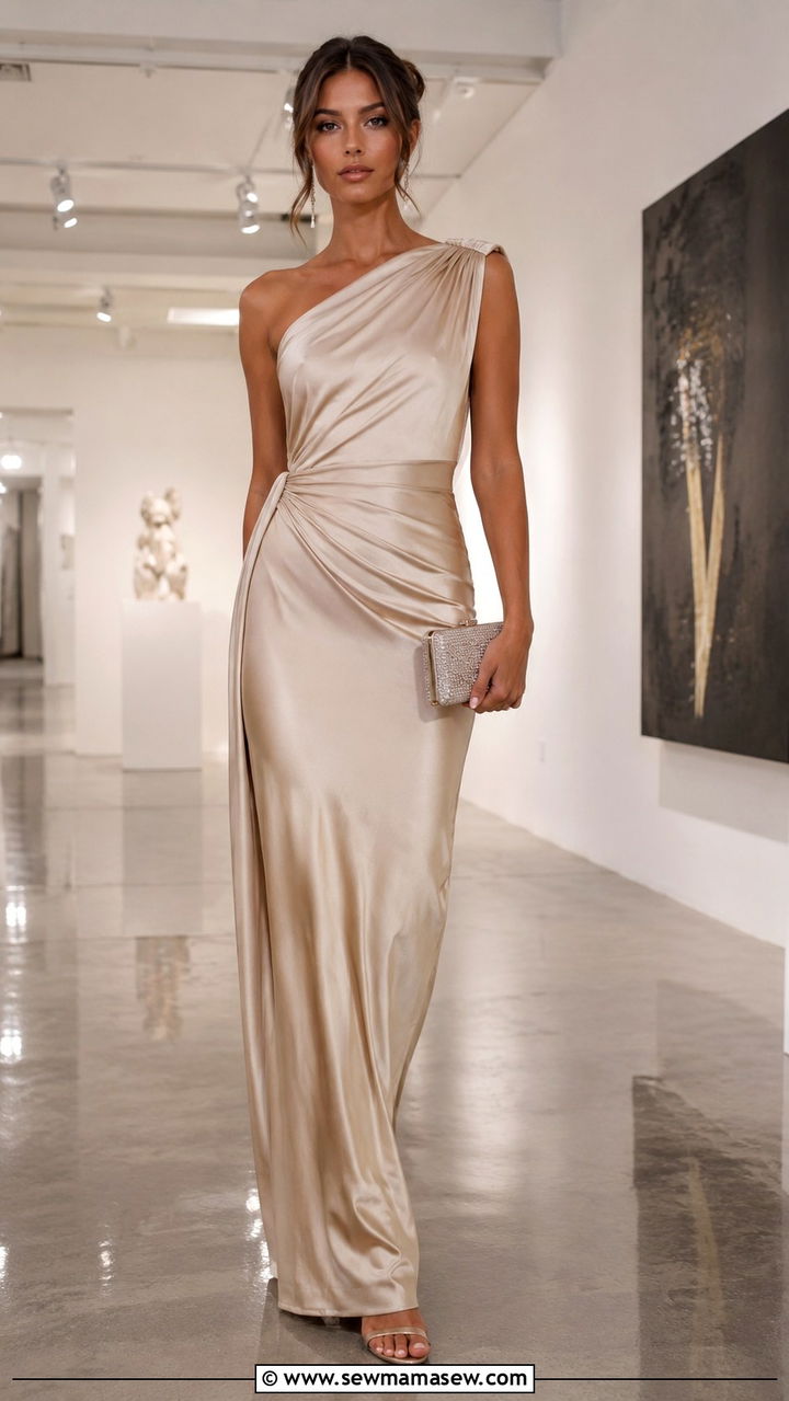 Champagne One Shoulder Dress Wedding Guest Outfit - 20 Champagne wedding guest dress outfit ideas