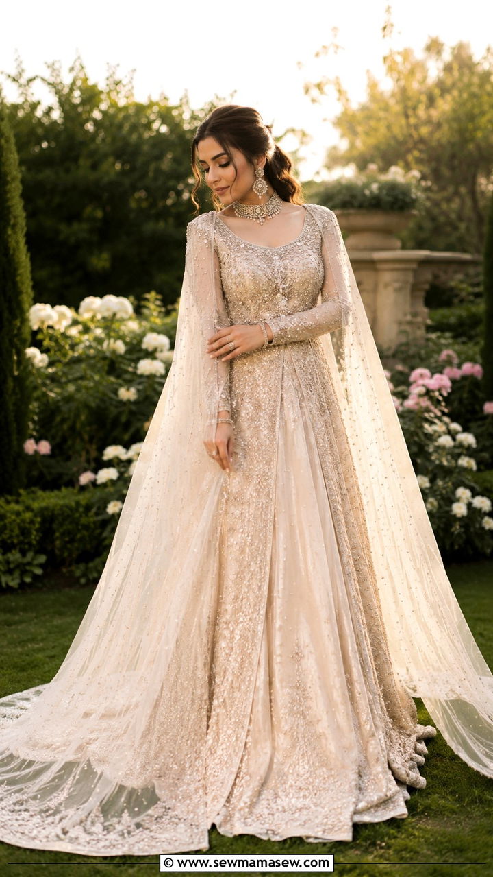 Champagne Pearl Embellished Bridal Gown - 25 Modest outfit ideas for Walima