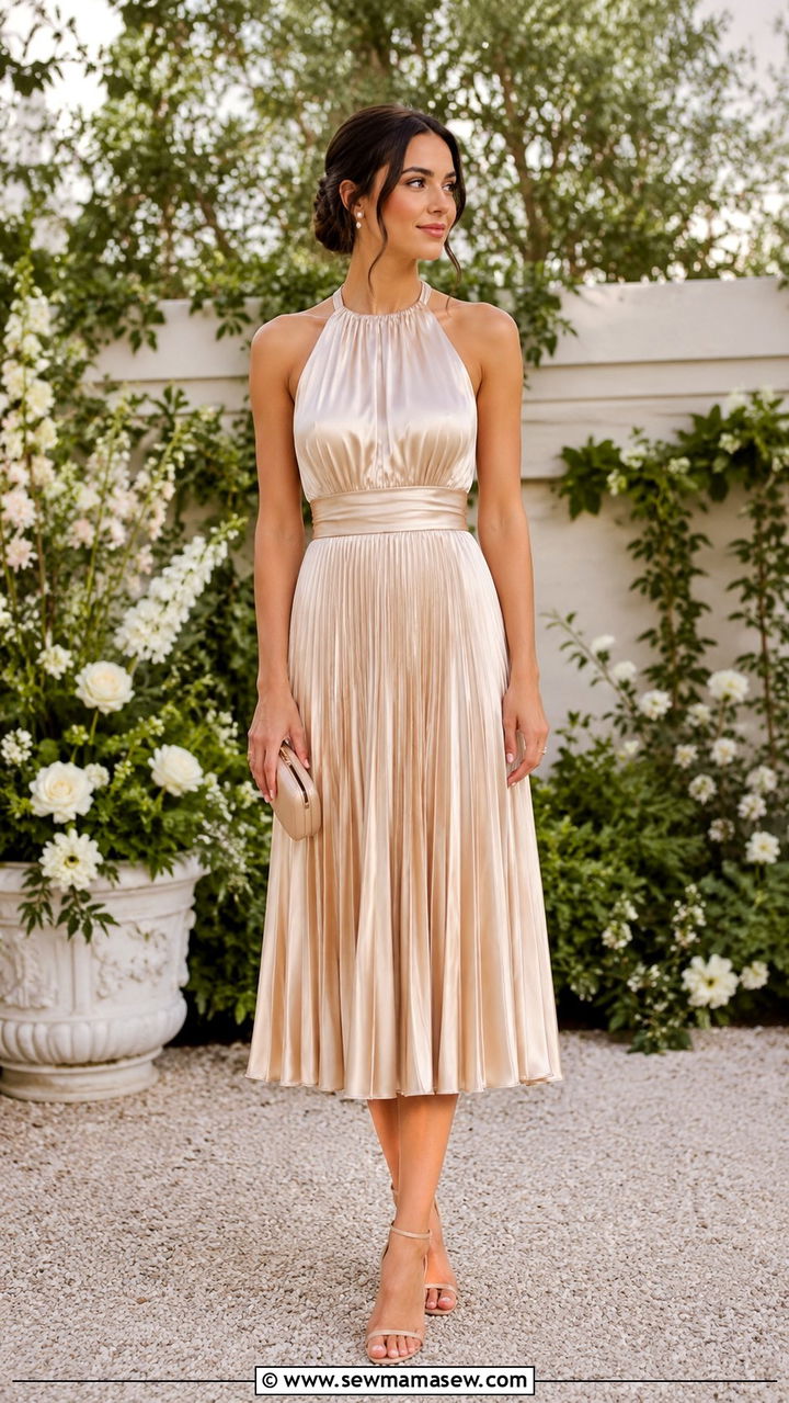 Champagne Pleated Midi Dress with Delicate Accessories - 30 Minimalist wedding guest outfits