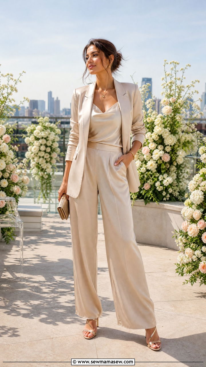 Champagne Satin Blazer And Wide Leg Trousers - 30 classy spring wedding guest outfit ideas