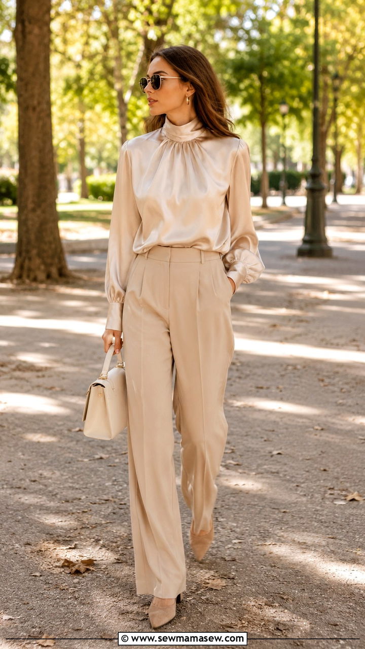 Champagne Satin Blouse and Neutral Tailored Trousers - 20 Quiet luxury outfit ideas Succession Logan