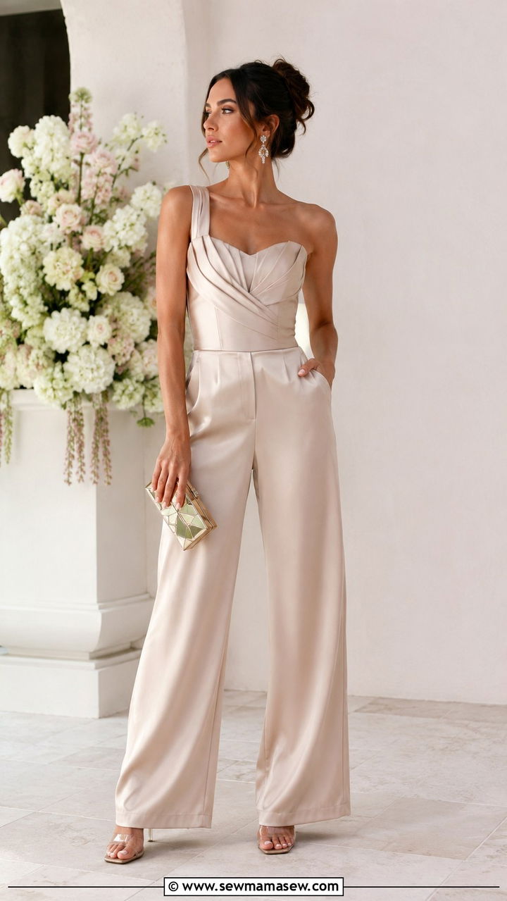 Champagne Satin Jumpsuit Wedding Guest - 25 seasonal spring wedding guest outfit ideas
