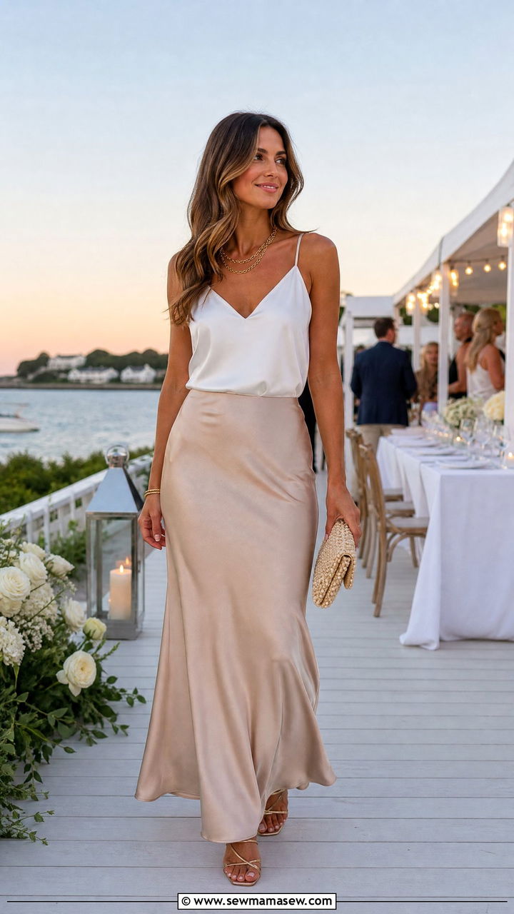 Champagne Satin Maxi Skirt with White Silk Top - 30 Hamptons outfit ideas