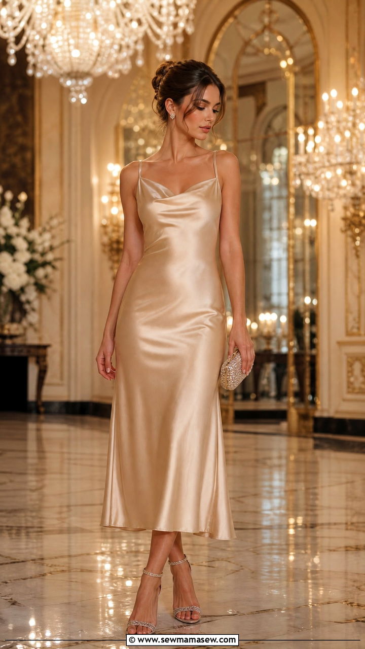Champagne Satin Midi Dress For Formal Wedding - 30 Midi dress for wedding guest outfit ideas