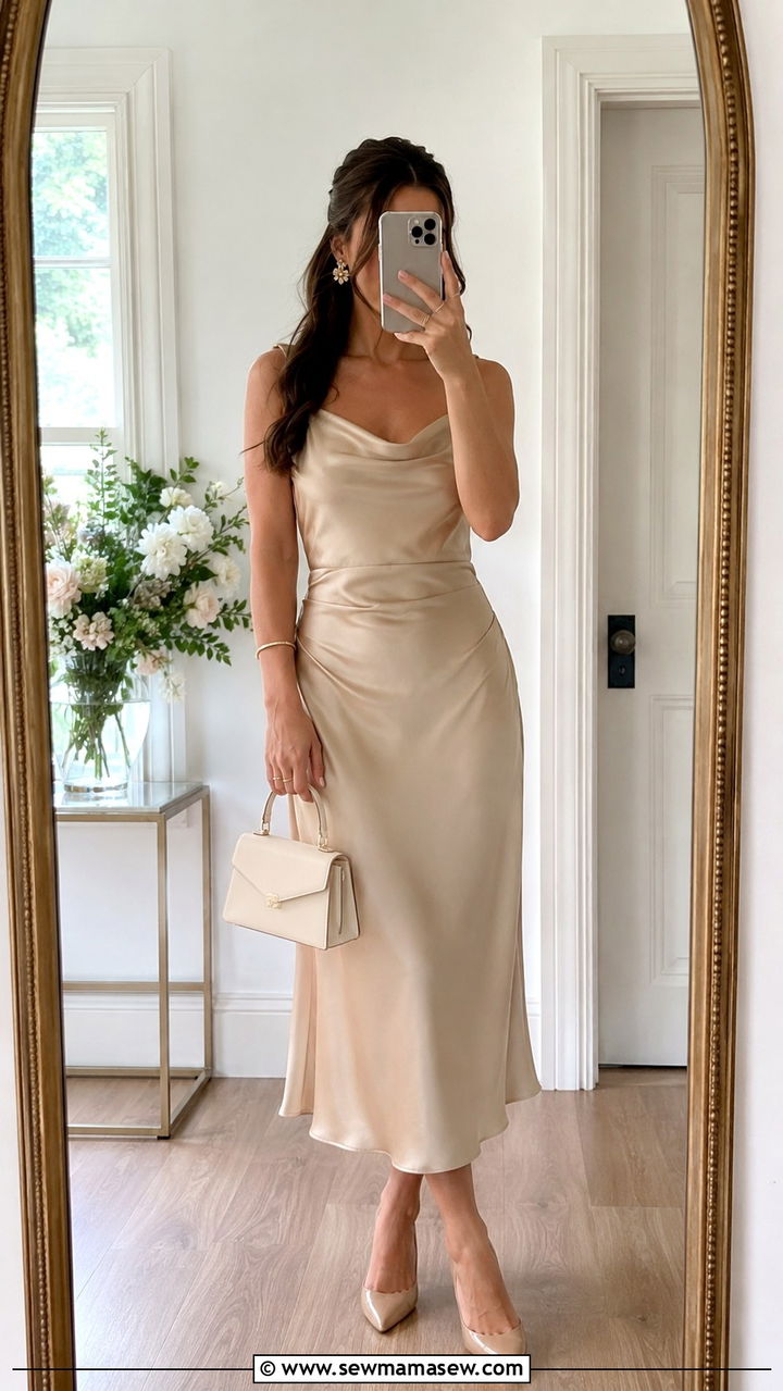 Champagne Satin Midi Dress With Nude Pumps - 30 Old money wedding guest outfits