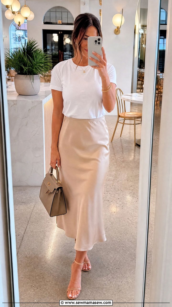 Champagne Satin Midi Skirt Birthday Brunch Outfit - 35 Birthday brunch outfits