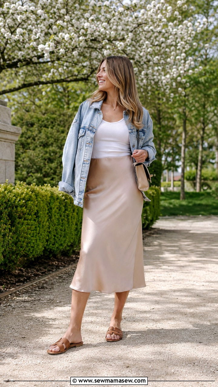 Champagne Satin Midi Skirt With Denim Jacket and Slide Sandals - 30 Satin midi skirt outfit ideas