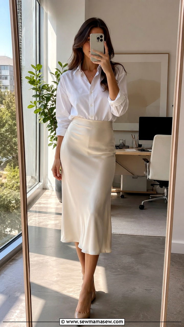 Champagne Satin Midi Skirt With White Button Down and Nude Heels - 30 Satin midi skirt outfit ideas