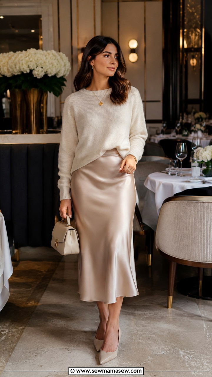 Champagne Satin Midi Skirt with Cashmere Sweater - 30 Boozy brunch outfit ideas