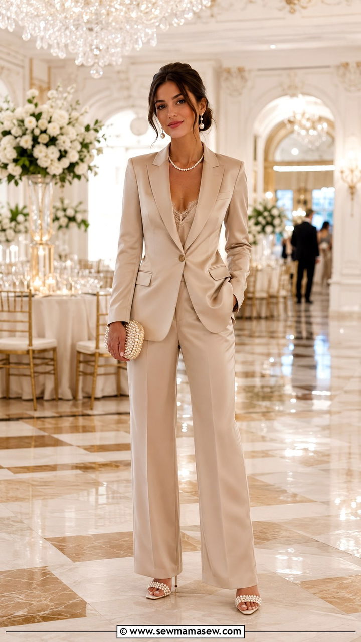 Champagne Satin Pantsuit With Pearl Embellishments - 25 Wedding guest pantsuit outfit ideas