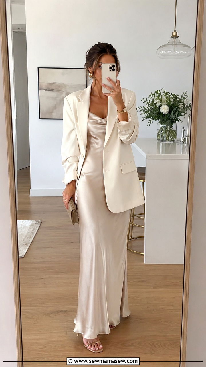 Champagne Satin Slip Dress With Oversized Blazer - 25 Wedding guest outfit ideas size 12
