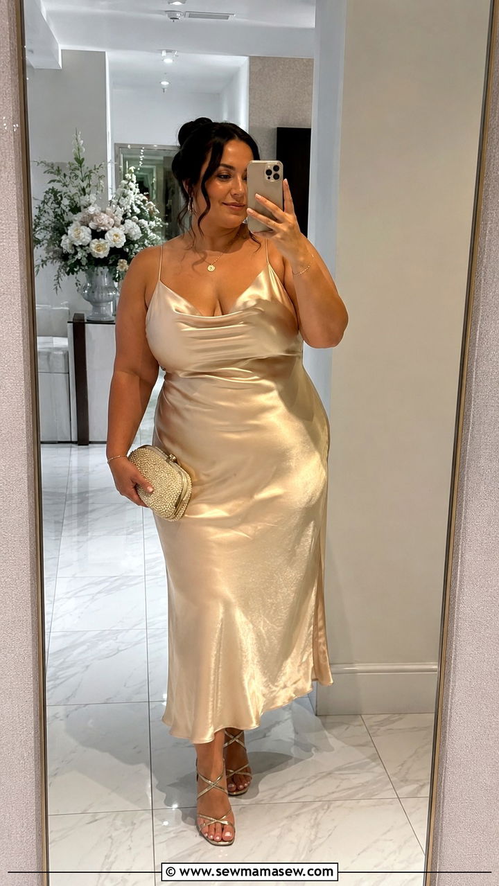 Champagne Satin Slip Dress With Strappy Sandals - 30 plus size spring wedding guest outfit ideas