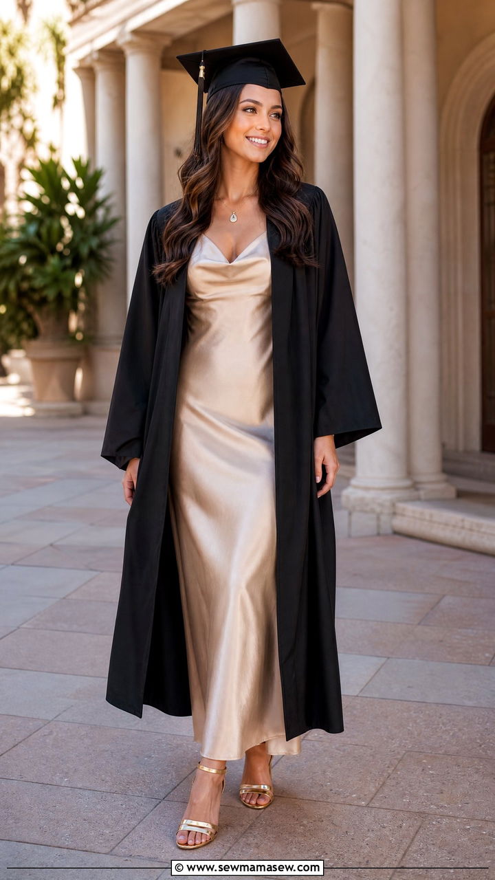Champagne Satin Slip Dress with Metallic Sandals - 30 Graduation cap and gown outfit ideas