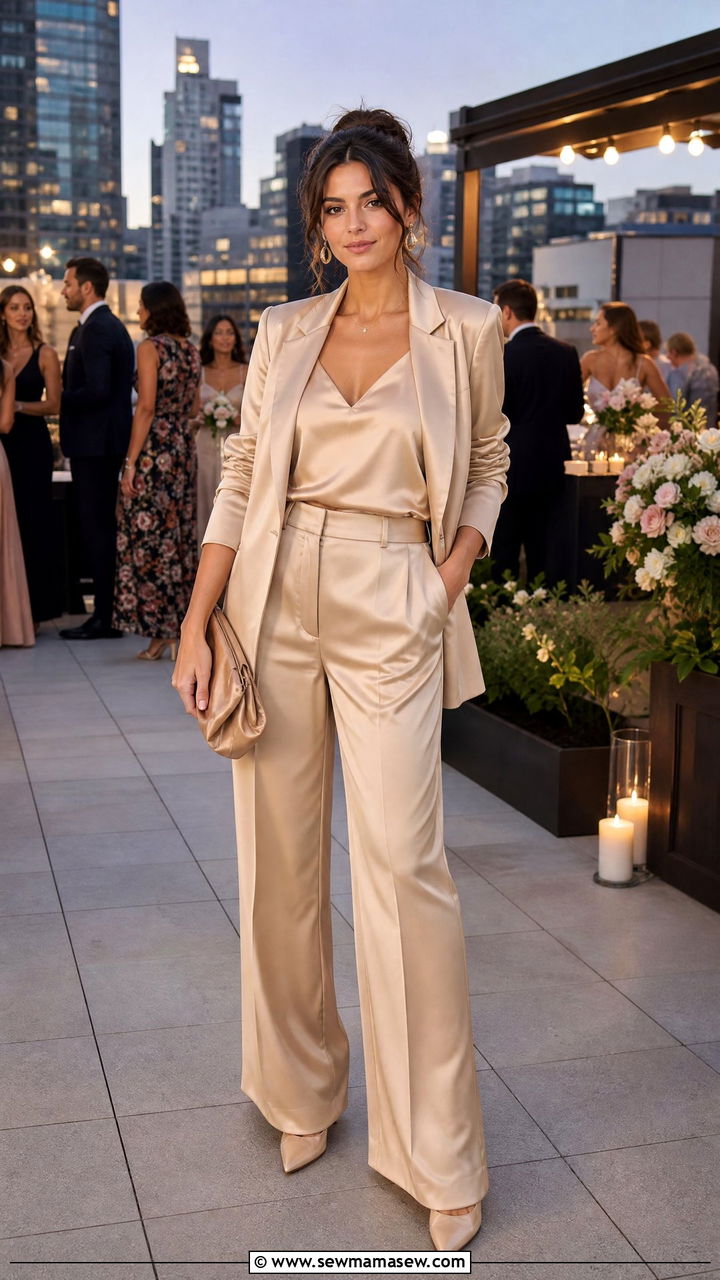 Champagne Satin Wide Leg Pants and Blazer Set - 30 casual spring wedding guest outfits