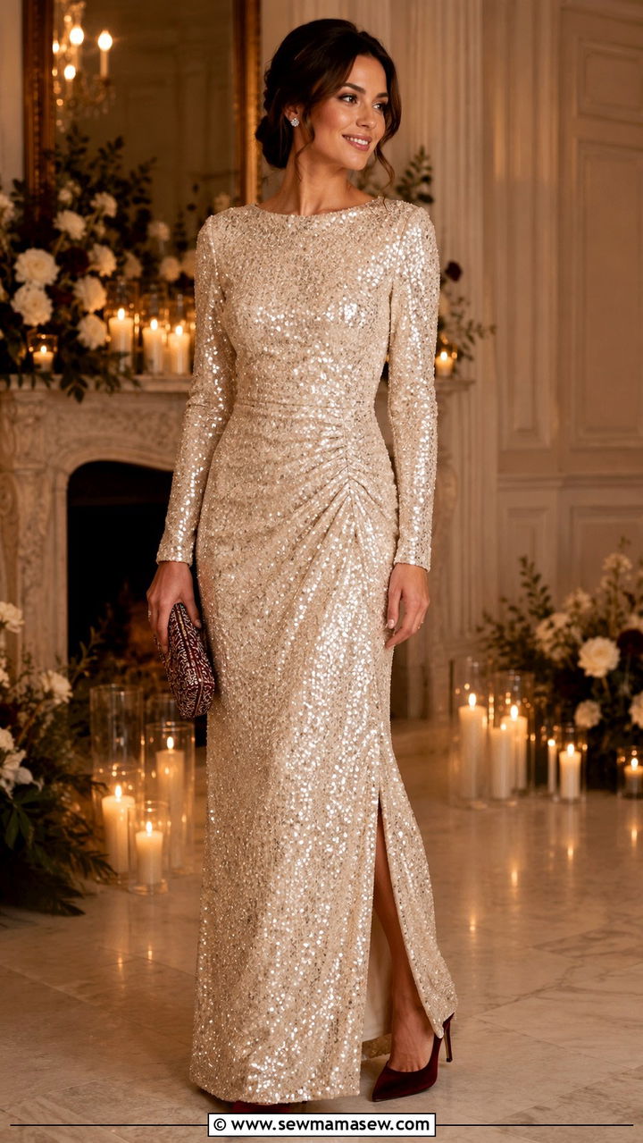 Champagne Sequined Long Sleeve Gown with Velvet Pumps and a Beaded Clutch - 25 Wedding guest outfit ideas champagne dress