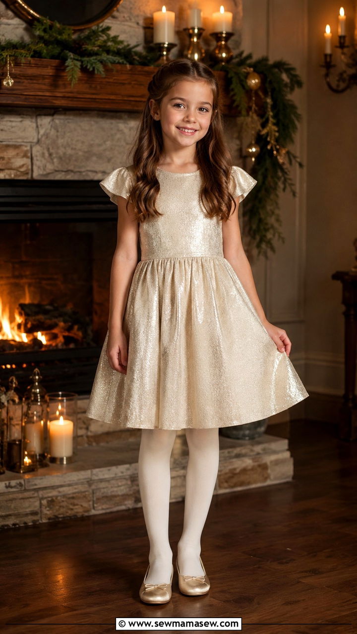 Champagne Shimmer Dress with Tights Outfit - 30 Kids family photo outfits