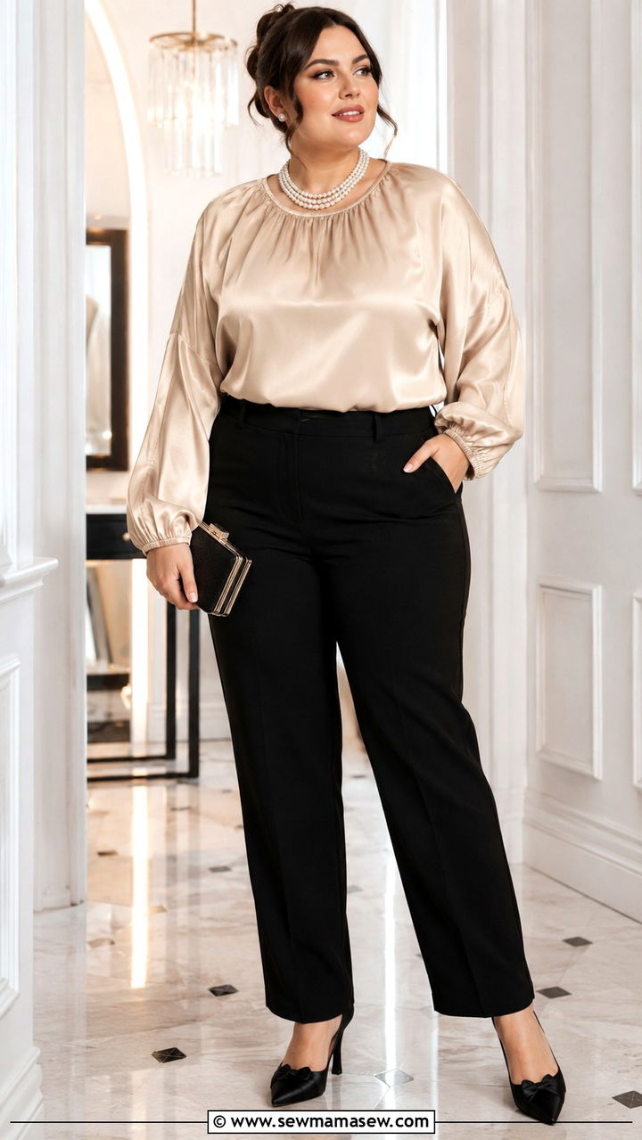 Champagne Silk Blouse and Black Tailored Trousers - 30 Old money outfit ideas plus size