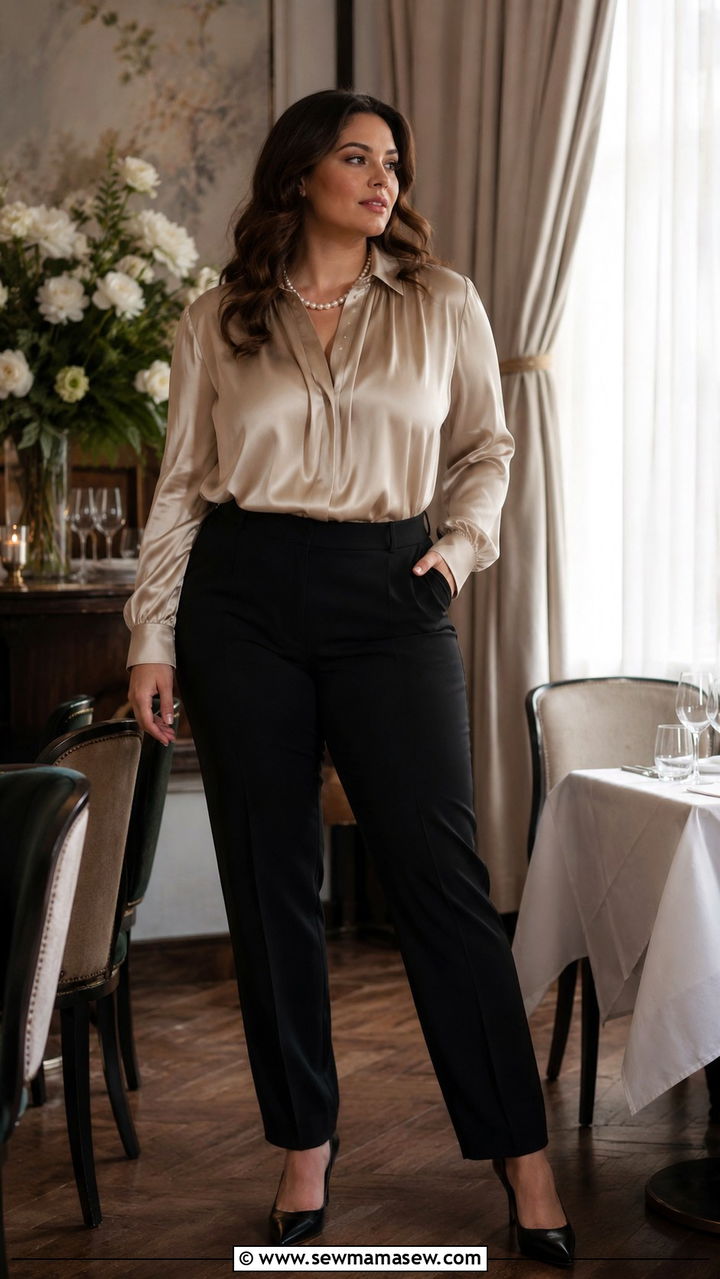 Champagne Silk Blouse and Black Trousers Evening Outfit - 30 Old money outfits for curvy women