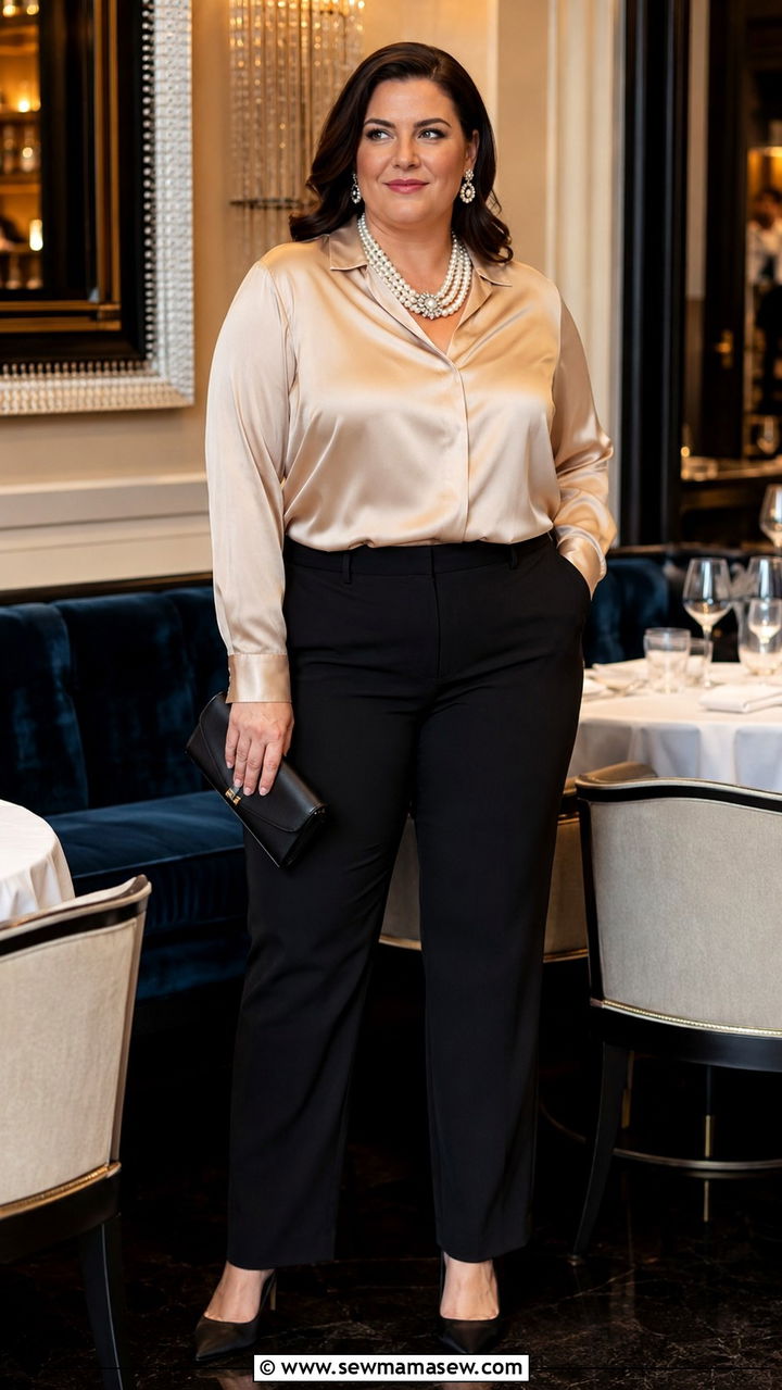 Champagne Silk Blouse with Black Trousers Evening Look - 30 Old money outfits plus size