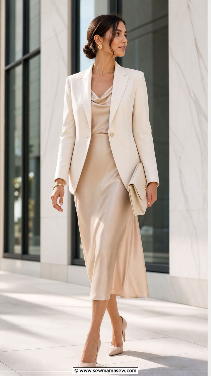 Champagne Silk Midi Dress With Nude Pumps - 25 Business casual outfits with midi dress