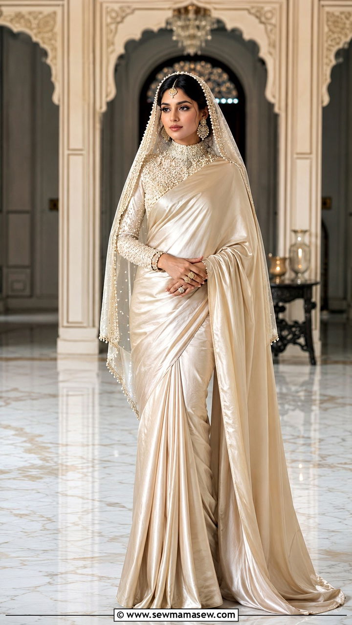 Champagne Silk Saree With Pearl Studded Blouse - 25 Modest outfit ideas for Walima