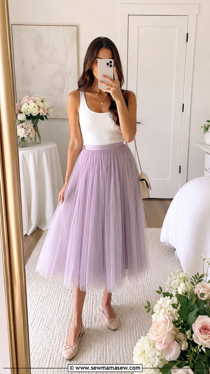 Champagne Tulle Midi Skirt With Tied Button Down And Leather Slides - 30 Tulle skirt outfit ideas for summer